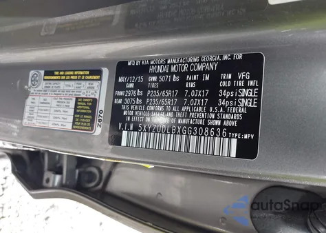 2016 Hyundai Santa Fe Sport 2.4L z USA, uszkodzony, nr VIN 5XYZUDLBXGG308636